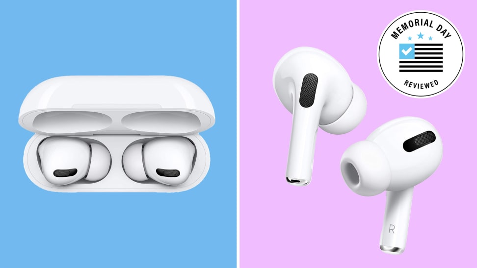 A pair of AirPods in their case against a blue background on the left. A pair of AirPods against a purple background on the right.
