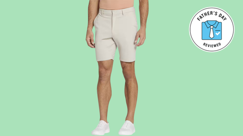 beige golf shorts on lime green background