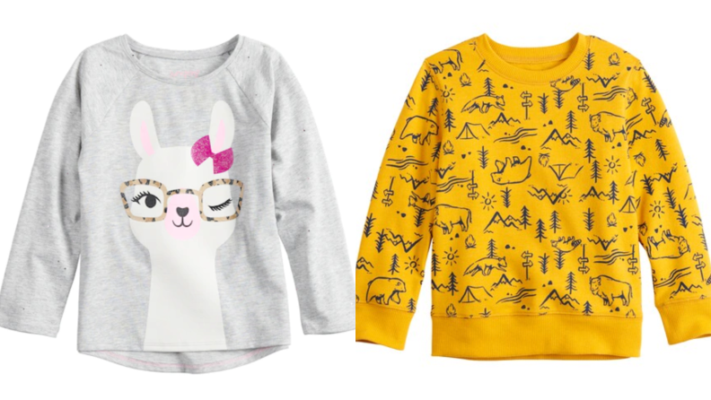 On the left: A grey sweashirt with the face of a llama wearing glasses. On the right: A yellow sweatshirt printed with trees and bears.