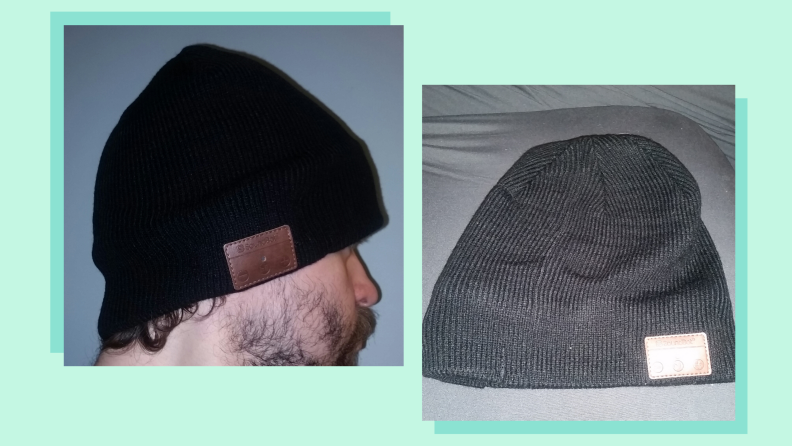 Close up of a person wearing a beanie (left) and a beanie laying on a surface (left).