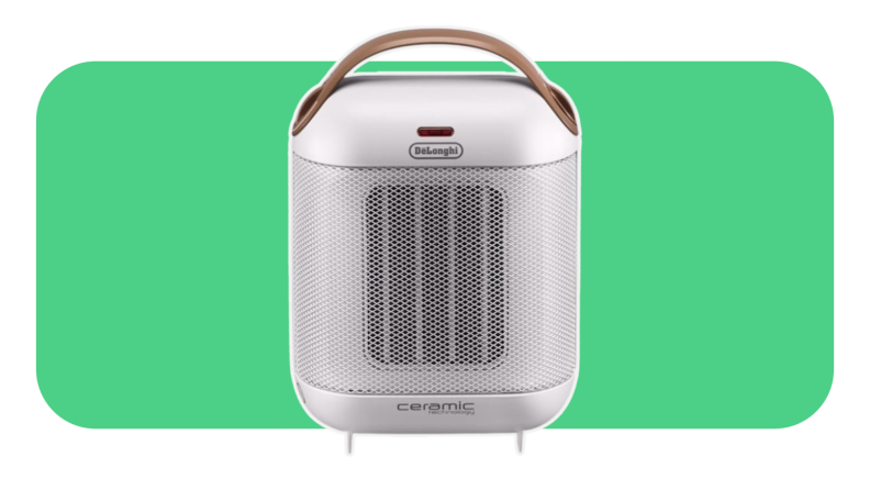 A white Delonghi Capsule space heater on a green background.