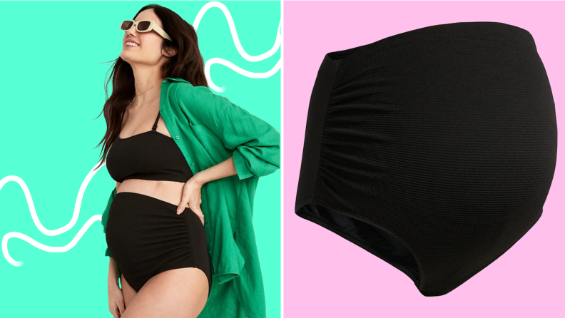 On right, pregnant model wearing black two-piece swimsuit. On right, product shot of the maternity swim bottoms.