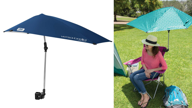 Versa-Brella stands alone next to an image of it being used by a person outside