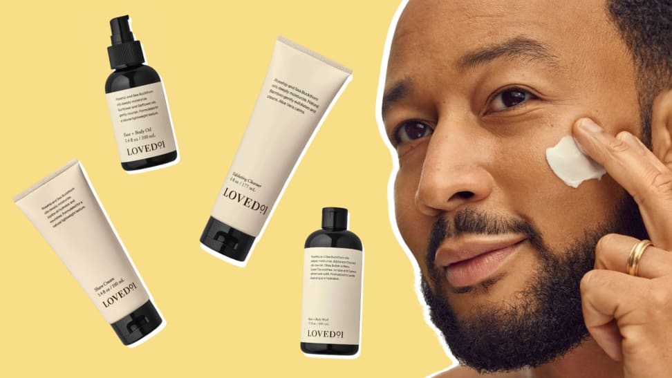 Loved01 skincare products on a yellow background and John Legend's face as he applies cream to his cheek with his fingers.
