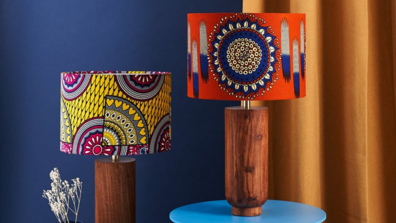Two lamps next to each other with handmade African print lampshades