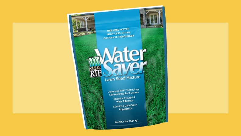 A package of water saver grass seed against a yellow background.