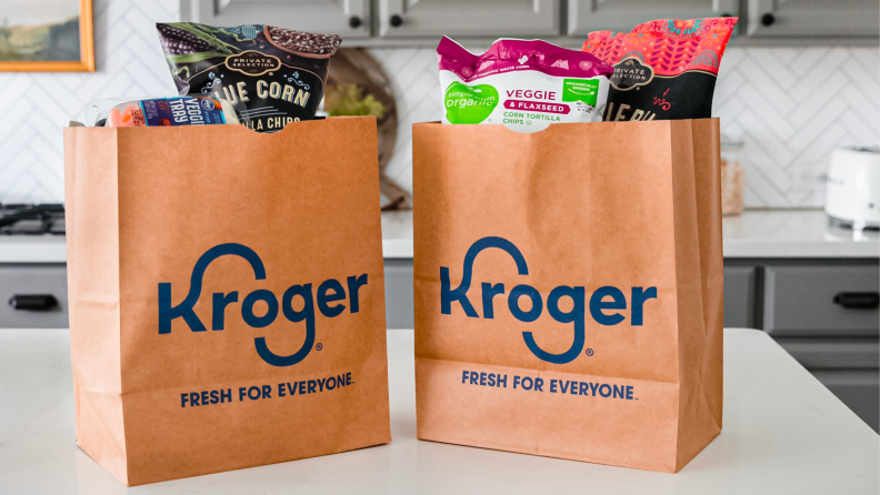 Photo of Kroger bags filled with groceries.