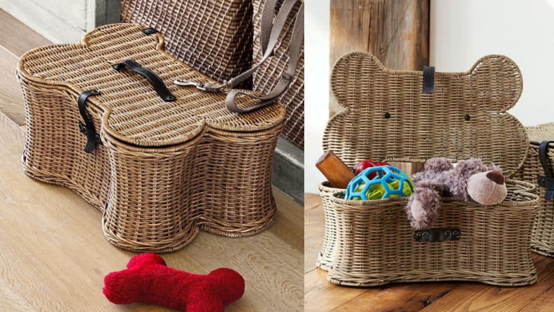 Two images of a dog bone shaped wicker toy basket, one with the lid open and one with it closed.