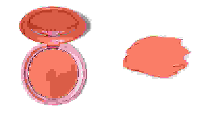 On the left: The bright pink compact of Stila's Convertible Color on a white background. On the right: A swatch of bright pink blush on a white background.