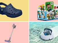 A collage of on-sale Walmart products, including a Dyson vacuum and Super Mario Lego set.