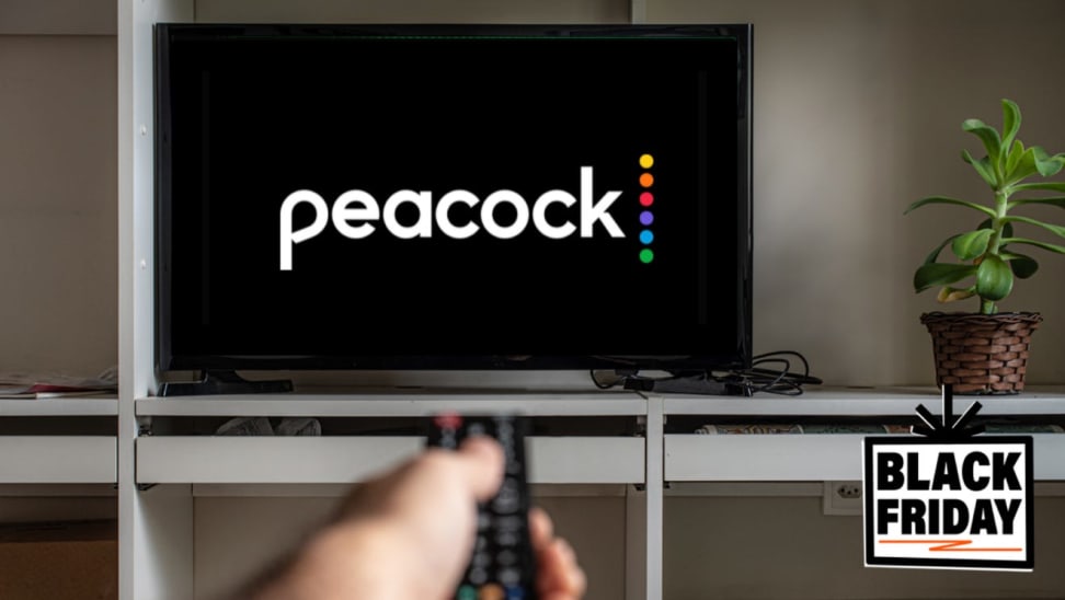 A TV shows the Peacock streaming service logo.