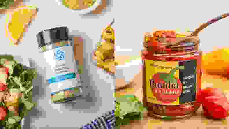 On the left: A picture of a bottle of Savory Spice. On the right: A picture of a glass jar of hot pepper paste.