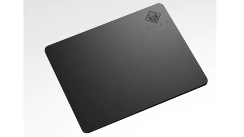 An image of a black mousepad with the HP OMEN logo on it.