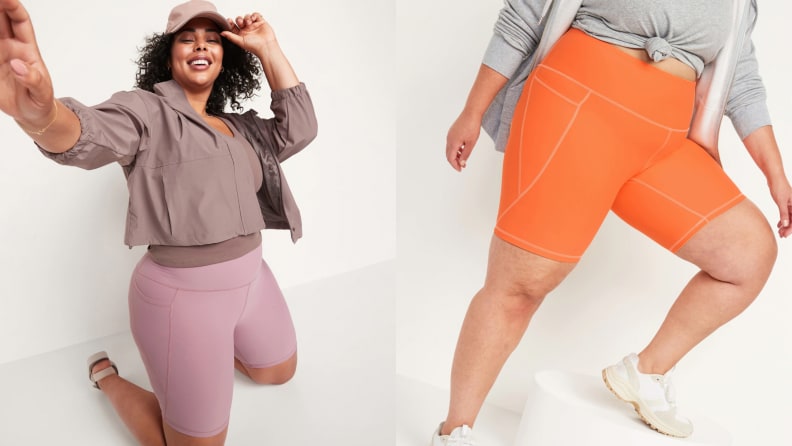 Two women wearing bike shorts of varying colors