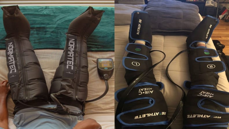 Side-by-side of Normatec compresison boots and ReAthlete compression boots