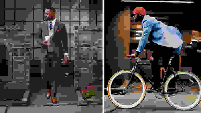 A photograph of a man wearing a green three-piece suit, and also a photograph of the same man riding a bike wearing a blue coat with a red beanie.