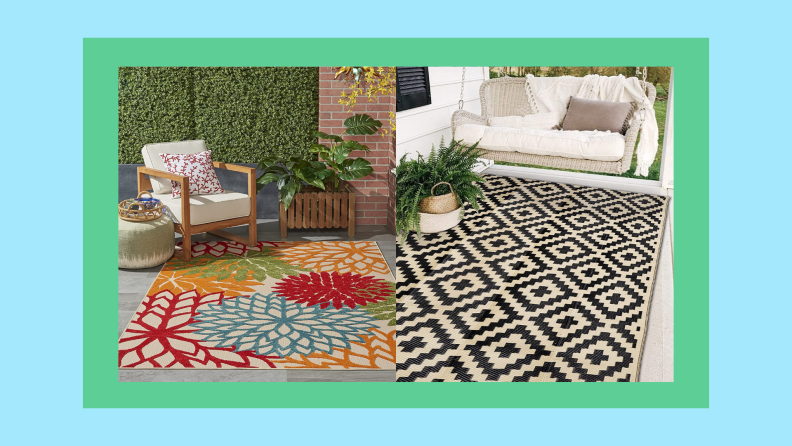 A colorful floral rug on a patio and a tan and black patterned rug.