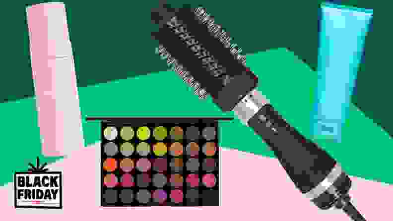 Graphic of beauty products like makeup pallet and skin cream