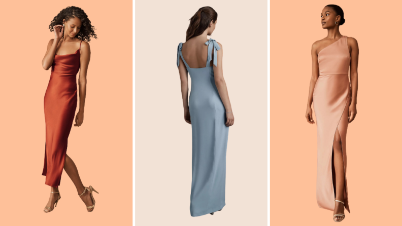 Models wearing a satin brown midi dress, a pale blue gown, and a nude one-shoulder gown.