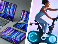 A collage of laptops and a woman on an exercise bike