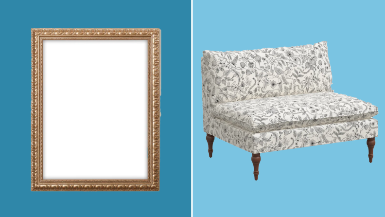 Photo collage of wooden, gold picture frame next to floral patterned settee chair.