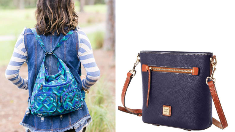 left: woman wearing blue backpack and right: blue leather handbag on white background.