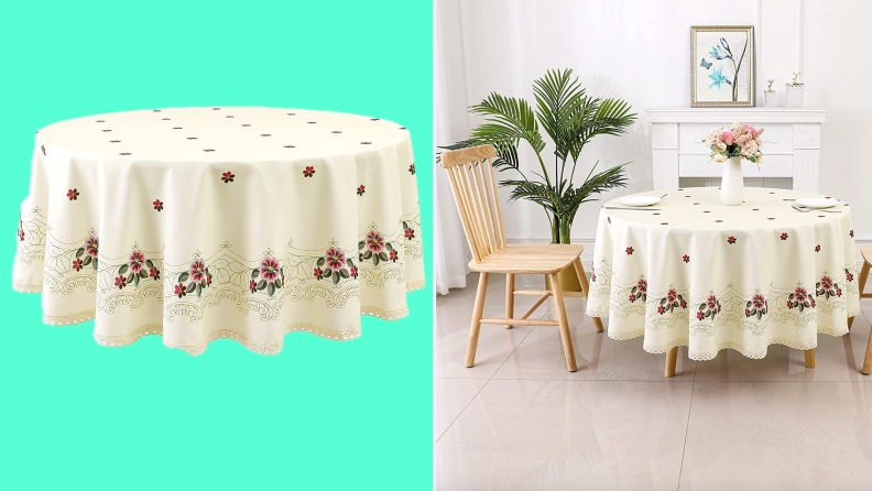 Product shot of cream and floral printed tablecloth draped on table