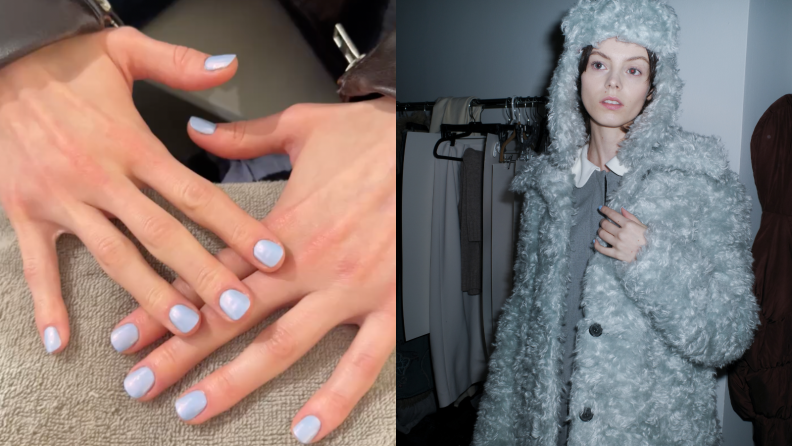 Portrait of pastel blue-painted nails and a woman posing in a fuzzy hat and coat.
