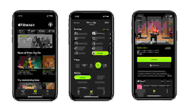 Screen captures of the Apple Fitness+ app interface on iOS.