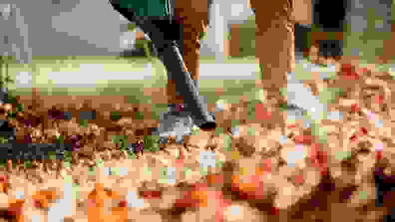 A close up of a person using a blower to gather leaves.