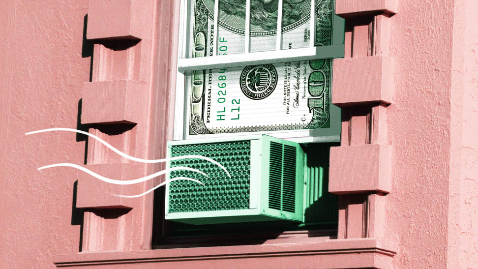 A green AC unit with a dollar for the window.