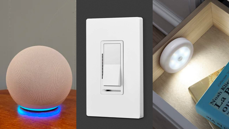 1) Close up of an Amazon Echo Dot. 2) Close up of a light switch. 3) Close up of a motion-sensor light in a drawer.